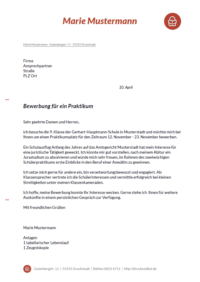 Bewerbung Schülerpraktikum 9. Klasse Muster Kostenlos Drucke selbst! Kostenlose Musterbewerbungen für Sekretärin, Praktikant