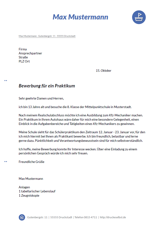Bewerbung Schülerpraktikum 9. Klasse Muster Kostenlos Drucke selbst! Kostenlose Musterbewerbungen für Sekretärin, Praktikant