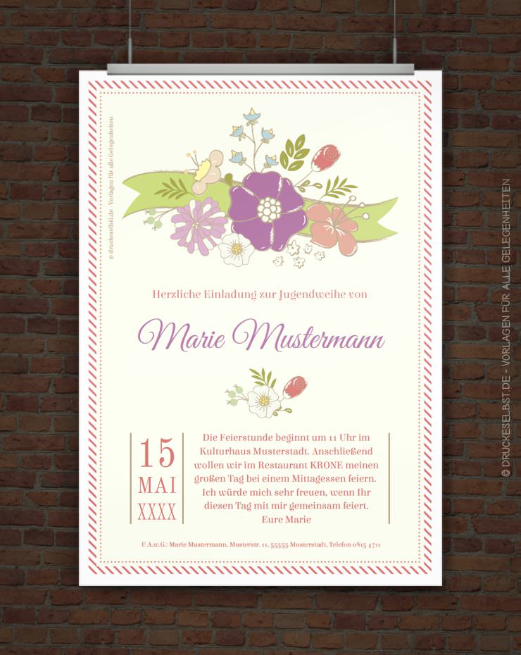 Drucke selbst! Kostenlose Einladungskarte zur Jugendweihe zum Ausdrucken