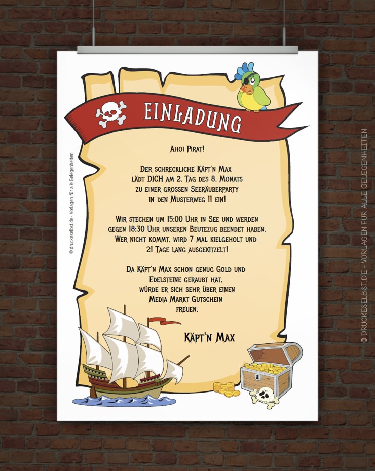 Drucke selbst! Pirateneinladung mit lustigem Einladungstext